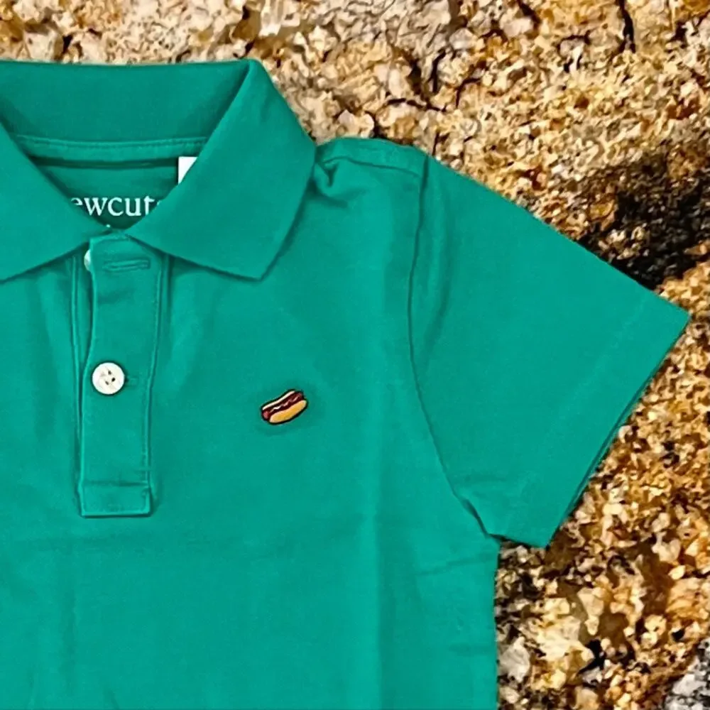 NWT J. Crew Boys' Green W/Embroidered Hotdog Sort Sleeve Polo Shirt - SIZE 2